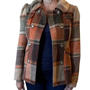 Plaid Coat - Women's Brown Orange Jacket Y2K Size Medium Vintage Cabincore